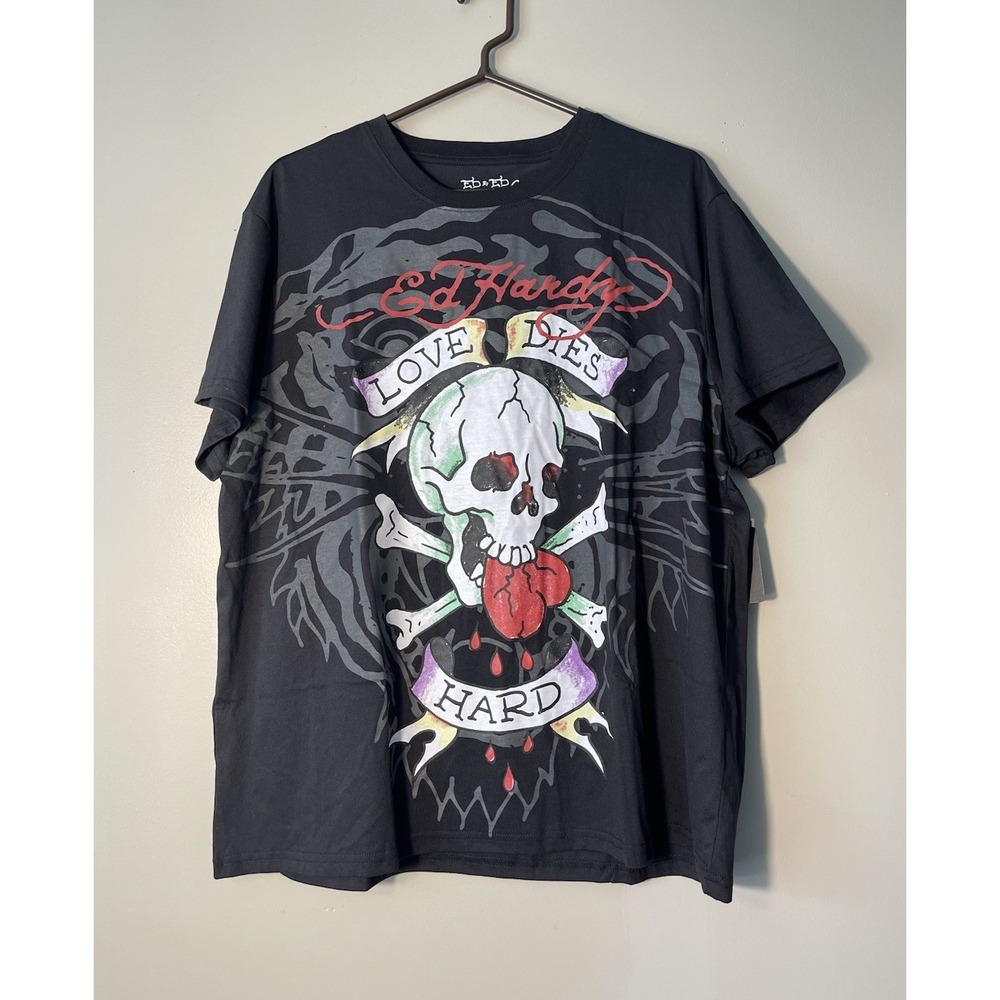 Ed Hardy Men's Crew Neck T-shirt Art Tattoo Design Print Skull Black Sz XL NWT